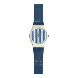 1986 Swatch Watch Ladies Newport S703 Blue White Stripes Vintage Quartz Tested